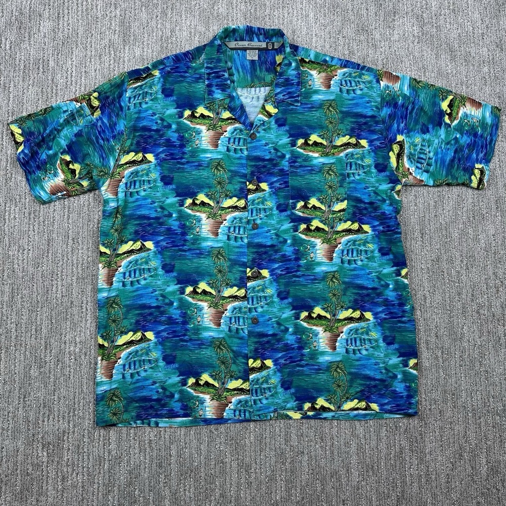 VINTAGE Ocean Current 90s Rayon Hawaiian Shirt Mens XL Blue Button Up Beach